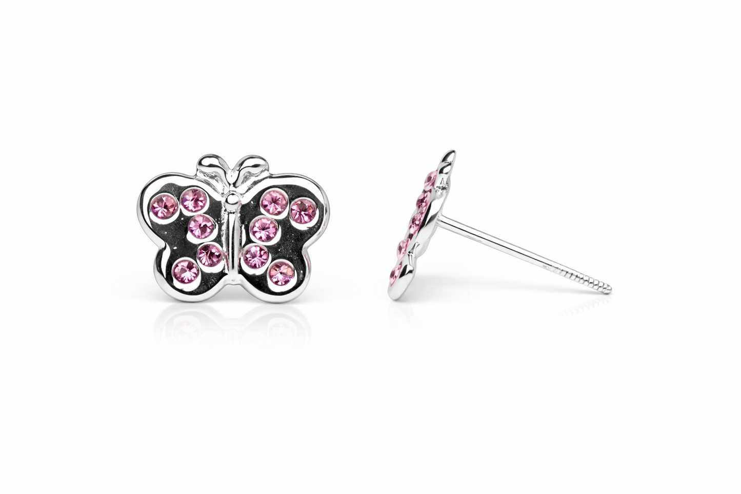 14K Solid White Gold Butterfly Screw Back Stud Earring with CZ