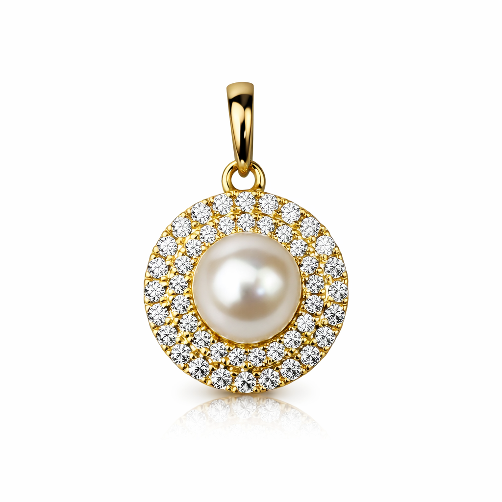 14K Yellow or White Gold Round Genuine Pearl CZ Pendant