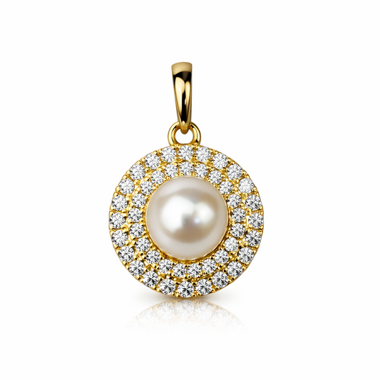 14K Yellow or White Gold Round Genuine Pearl CZ Pendant