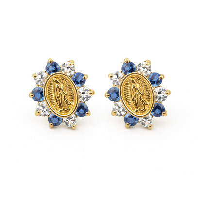 14K Solid Yellow Gold Guadalupe Virgin Mary Screw Back CZ Stud Earrings