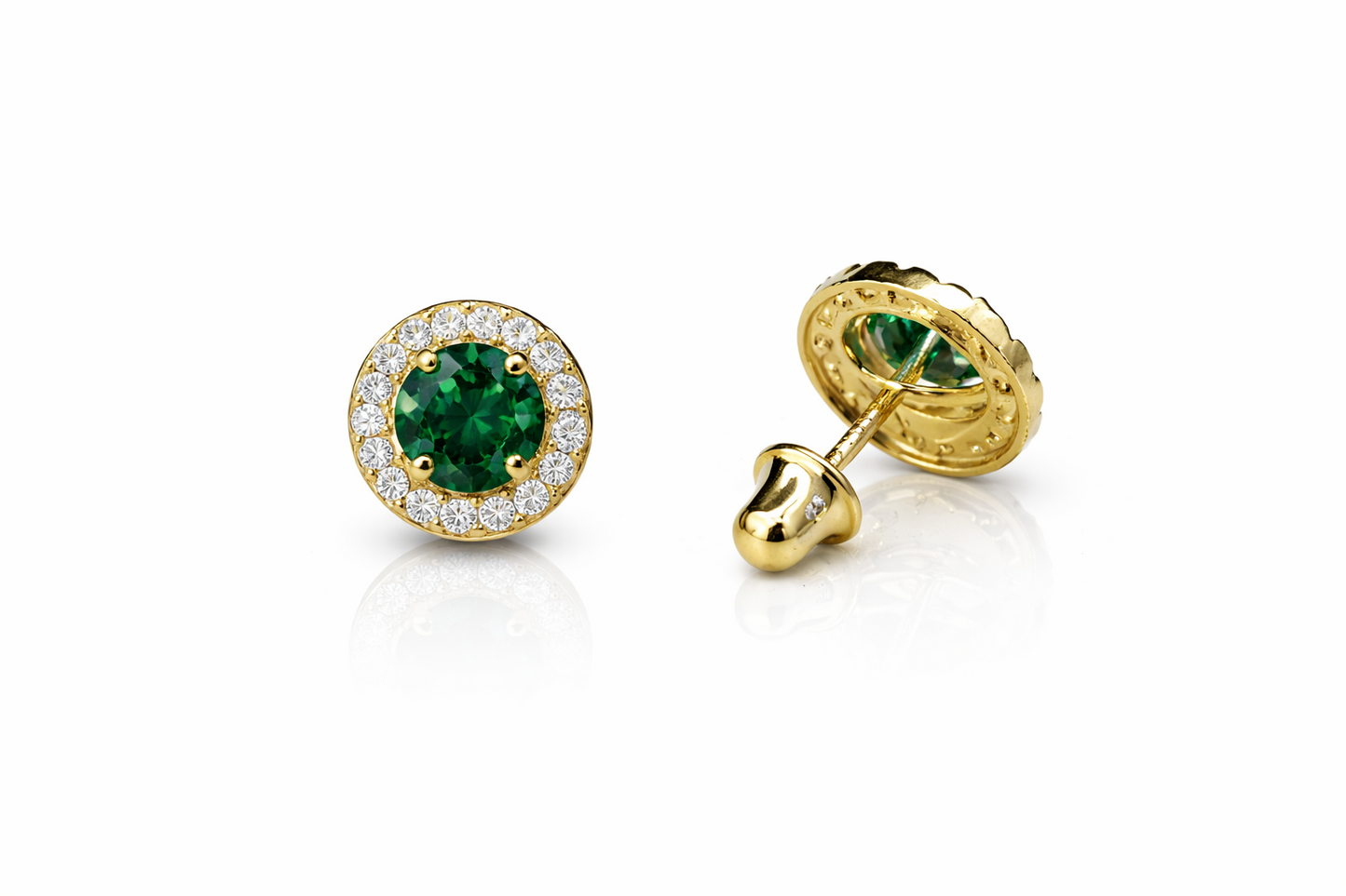 14K Solid White Gold Halo Stud CZ Screw Back Earrings