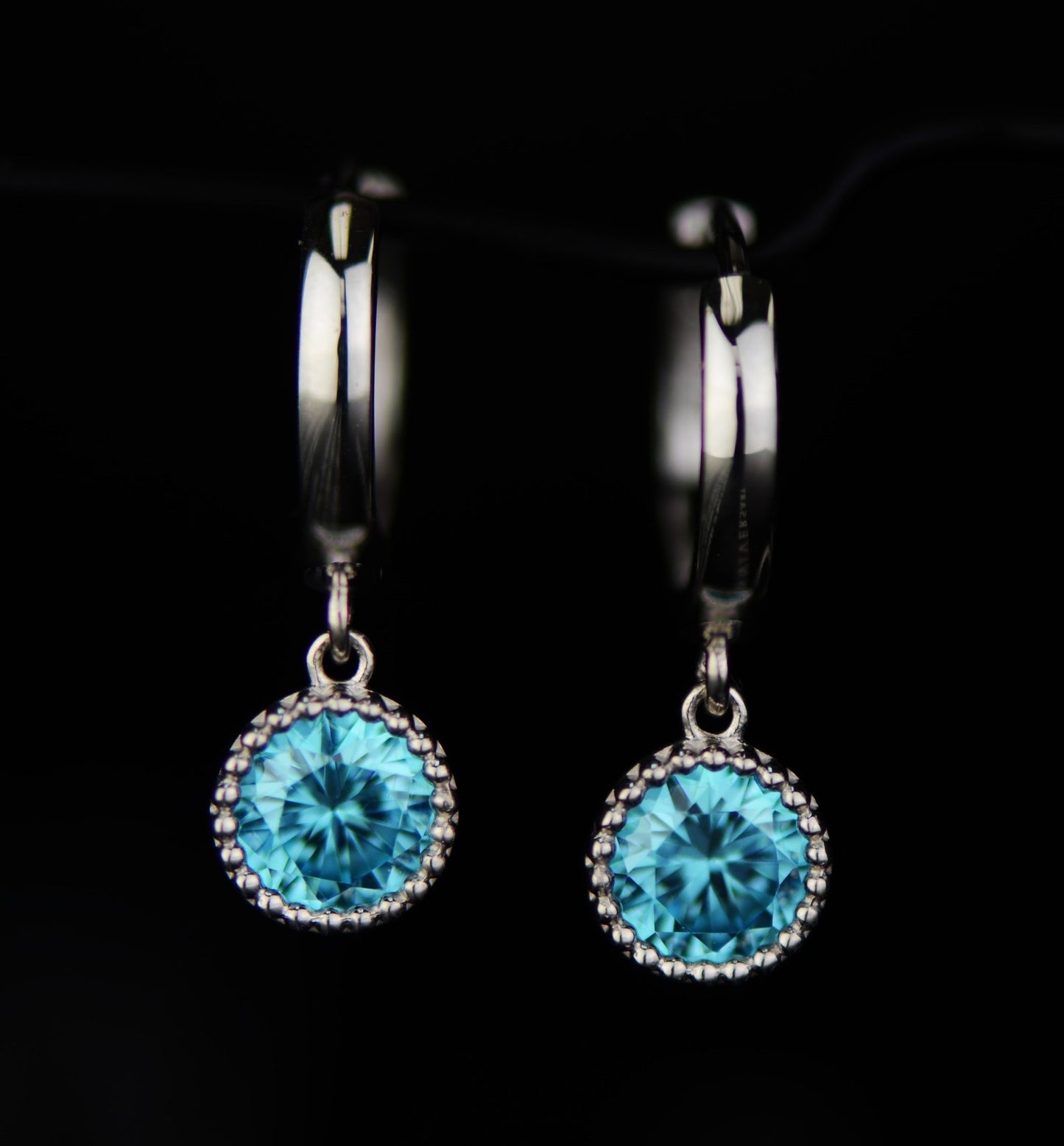 14k White Gold Dangle Round Birthstone Huggie Earrings