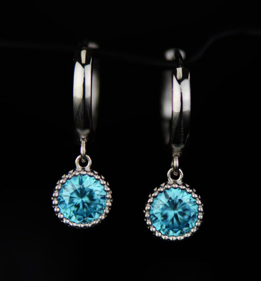 14k White Gold Dangle Round Birthstone Huggie Earrings