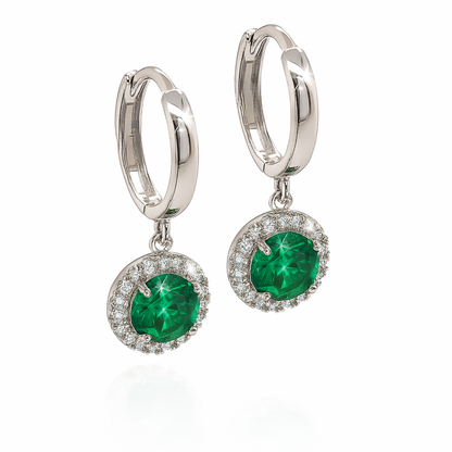 14k White Gold Halo Round Shaped pretty Birthstone Huggie Earrings for Women