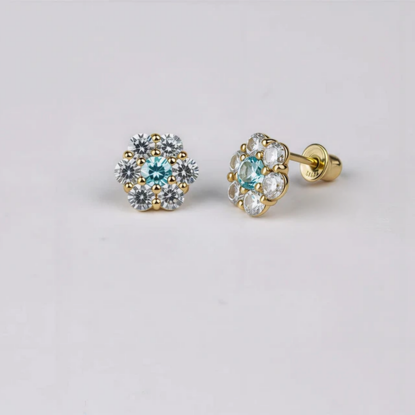 14K Yellow Gold Beautiful Flower CZ Stud Earrings for Women