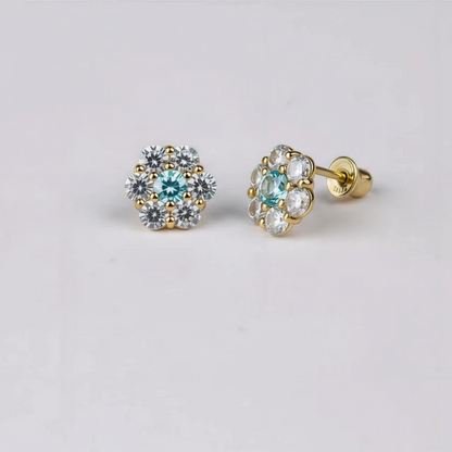 14K Yellow Gold Beautiful Flower CZ Stud Earrings for Women