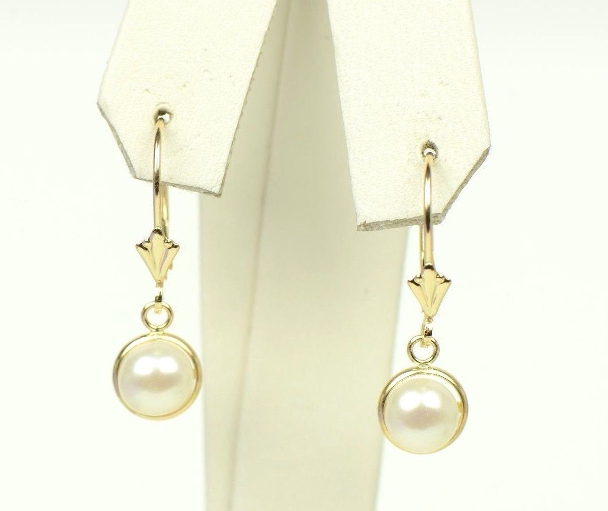 14k Yellow Gold Genuine White Natural Pearl Dangle Earrings