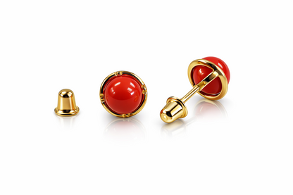 14k Yellow Gold Round Coral Stud Earrings/ Screw Back