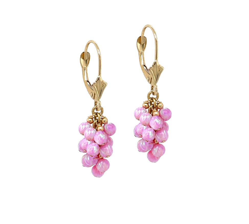 14k Yellow Gold  Dangle Pink Opal Grape Leverback Earrings
