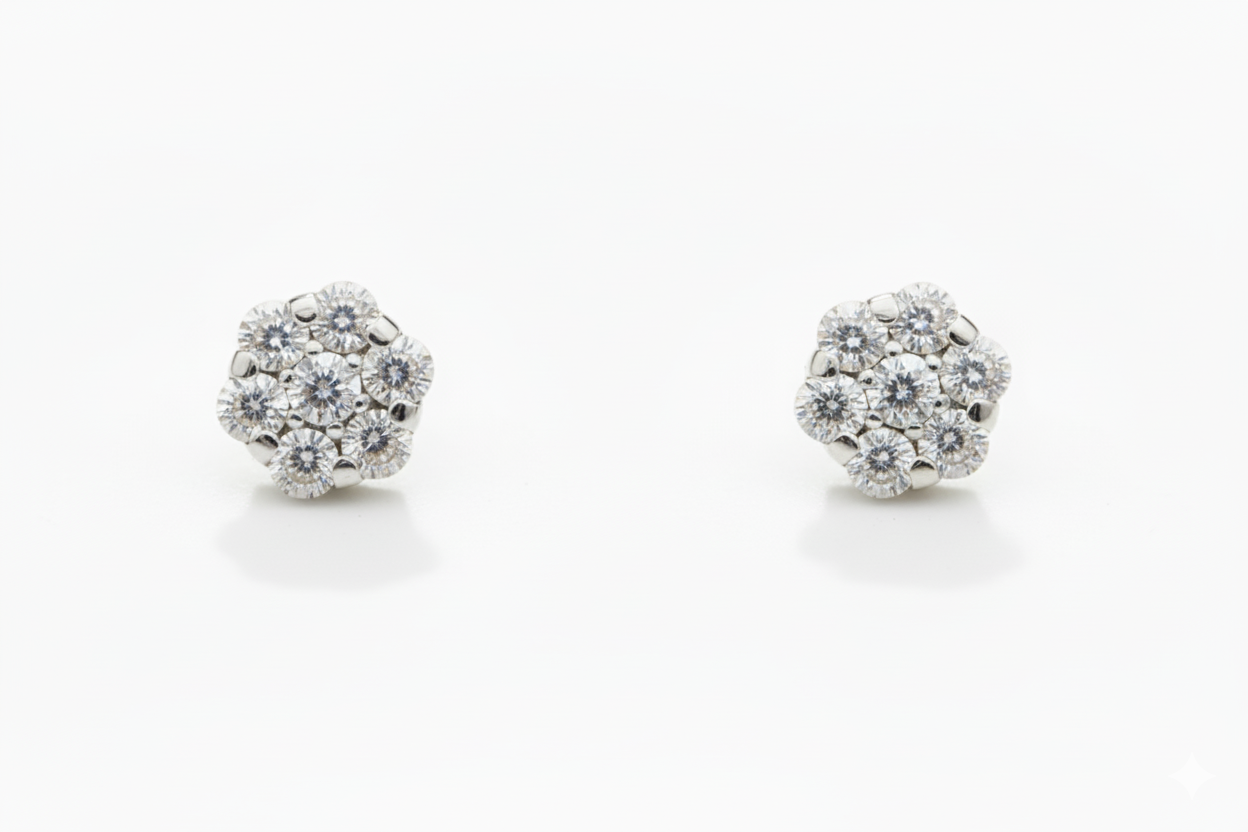 14K White Gold Flower Shaped  Screw Back Stud Earrings for Women