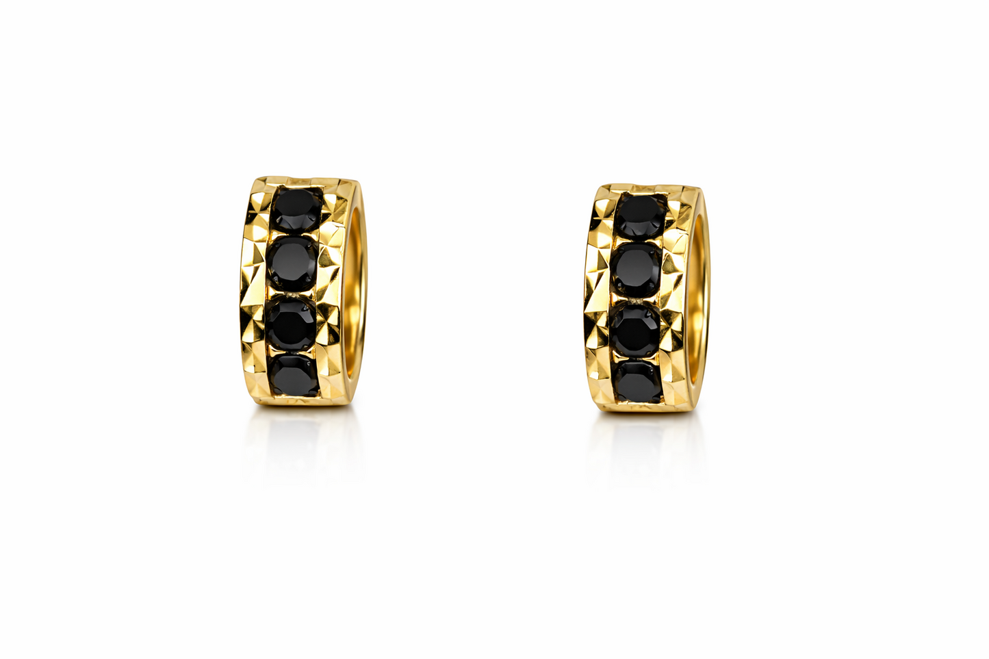 14k Yellow Gold Diamond Cut with Black CZ Huggie Earrings