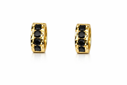 14k Yellow Gold Diamond Cut with Black CZ Huggie Earrings