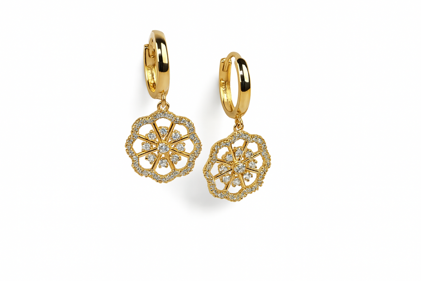14k Yellow / White Gold Dangle CZ Flower Huggie Earrings