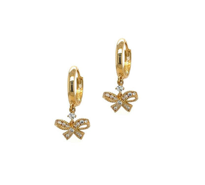 14k Yellow Gold Dangle Bow Hoop Huggie Earrings