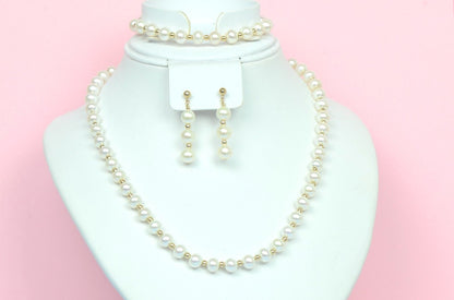 14K Yellow Gold Natural White genuine Pearl Necklace, Bracelet, Earrings Set