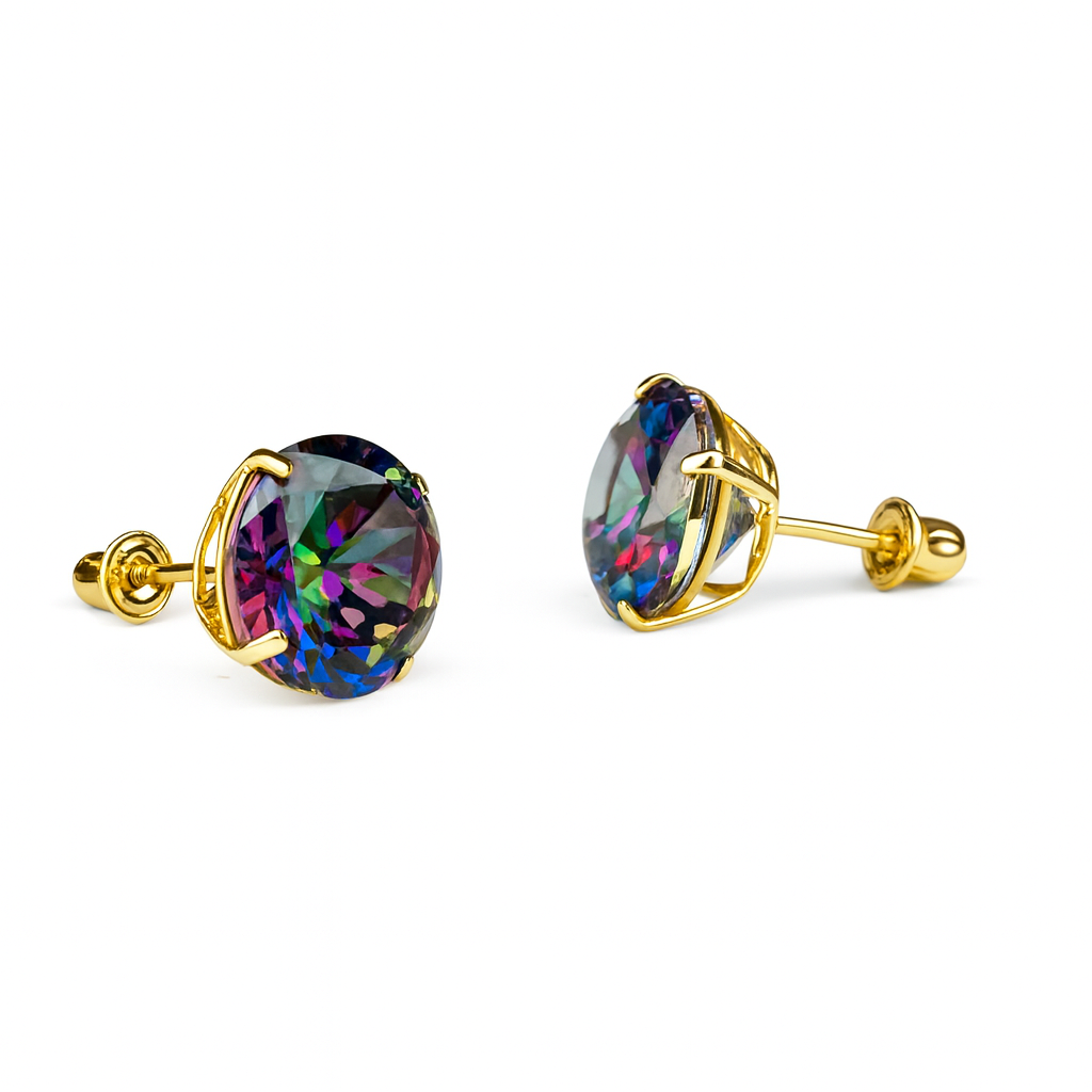 14k Yellow Gold Screw Back Earrings with Mystic Topaz Round Cut CZ Stones