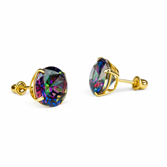 14k Yellow Gold Screw Back Earrings with Mystic Topaz Round Cut CZ Stones