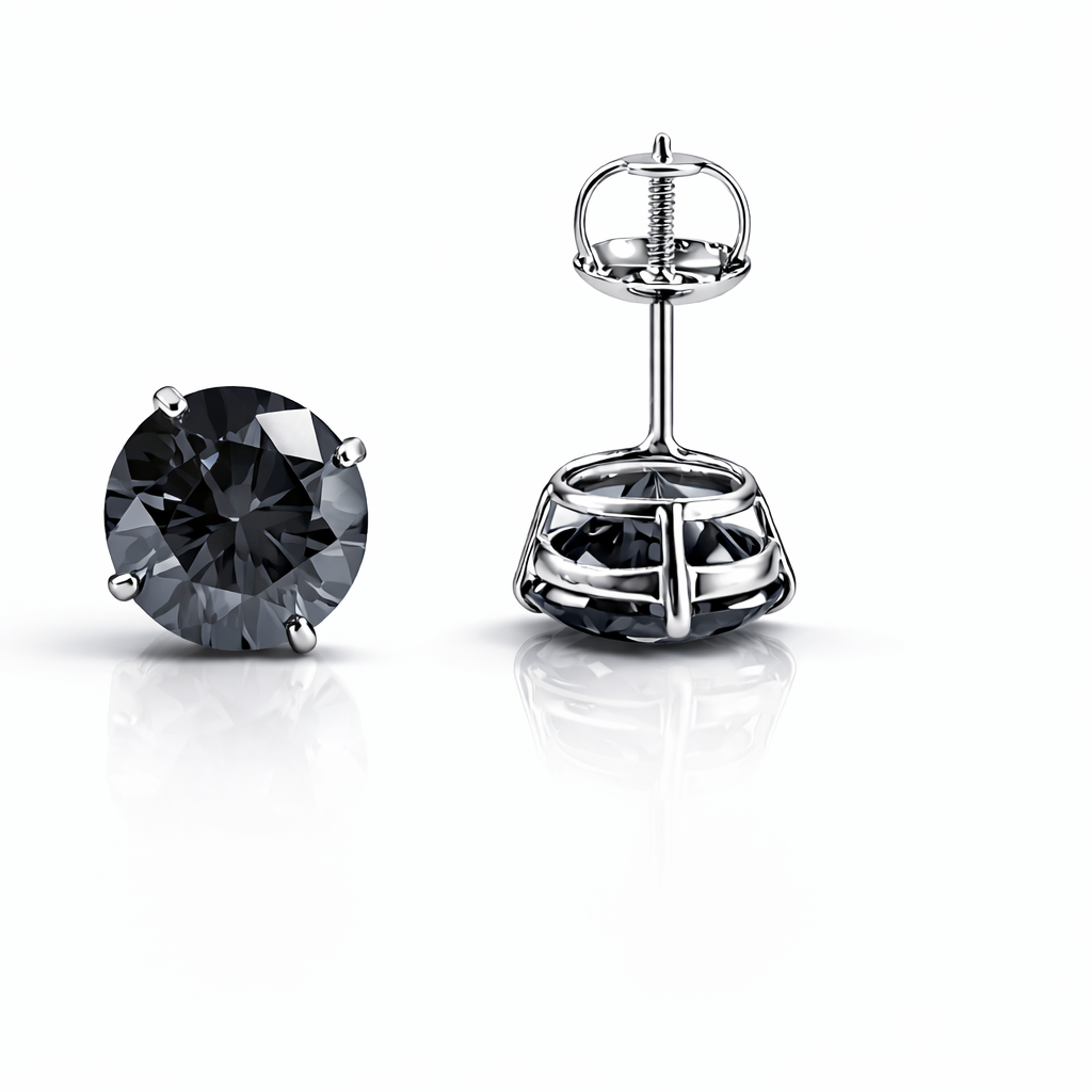 14K Gold GRA Certified D-VVS1 Round Grey Moissanite Screw Back Studs Earrings