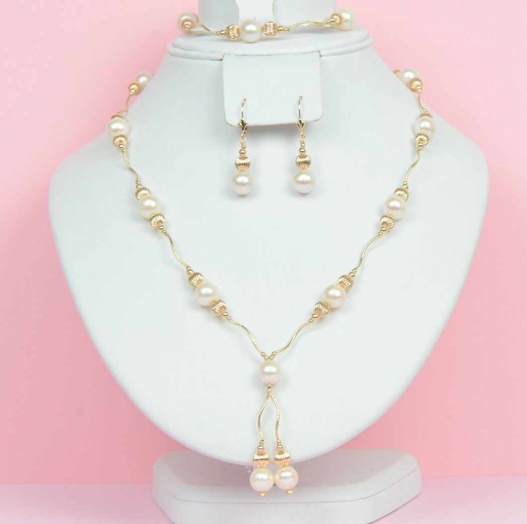 14k Yellow Gold Genuine White Pearls 3pcs Women Set:Necklace, Bracelet, Earrings