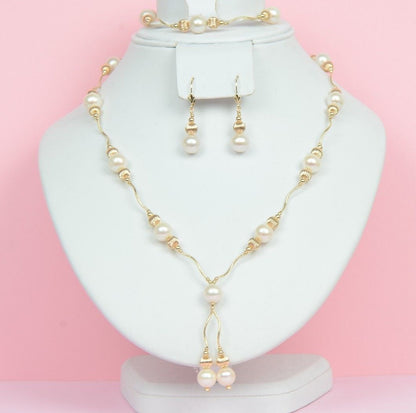 14k Yellow Gold Genuine White Pearls 3pcs Women Set:Necklace, Bracelet, Earrings