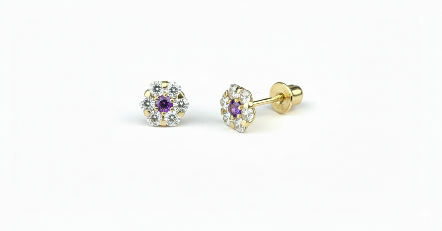 14K Yellow Gold Flower Shaped  Screw Back Stud Earrings for Women