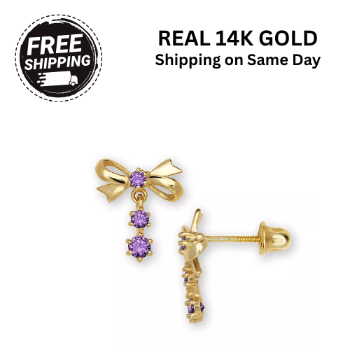 14K Yellow & White Gold Pretty Bow Dangle Earrings for Girls