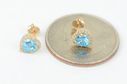 14k Solid Yellow Gold Halo Heart Stud Earrings with Push Back
