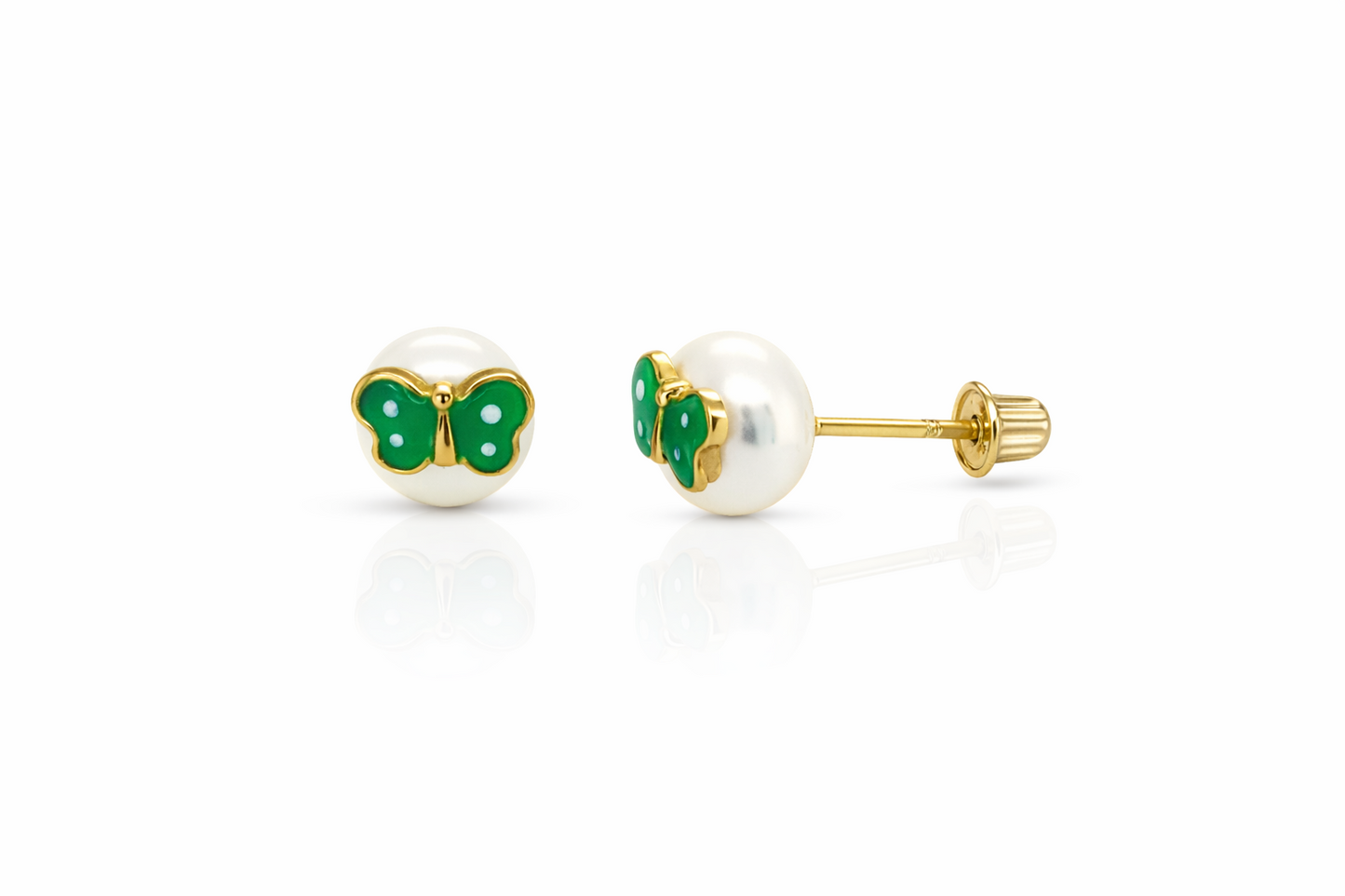 14k Yellow Gold Enamel Butterfly With Genuine Pearl Screw Back Stud Earrings