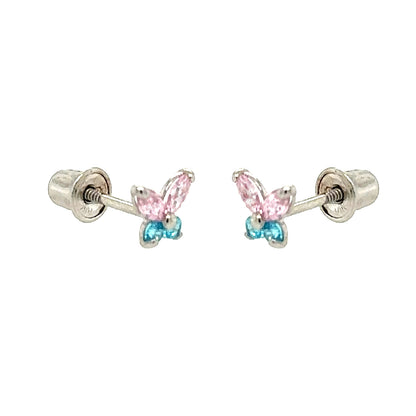 14K Yellow/White Gold Tiny Butterfly CZ Stud Earring with screw back