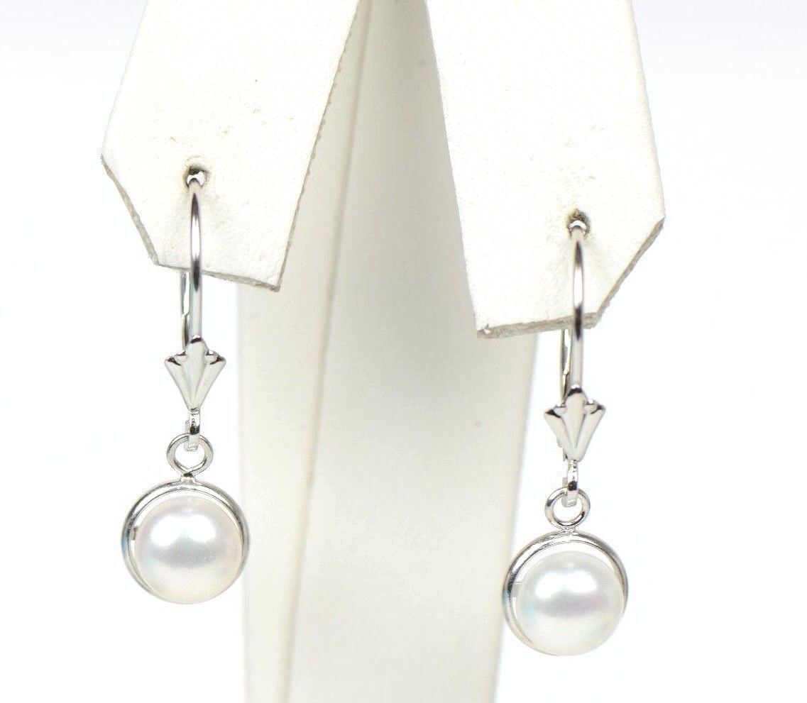 14k Yellow Gold Genuine White Natural Pearl Dangle Earrings