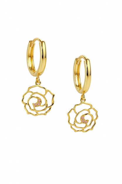 14k Yellow / White Gold Dangle CZ Flower Huggie Earrings