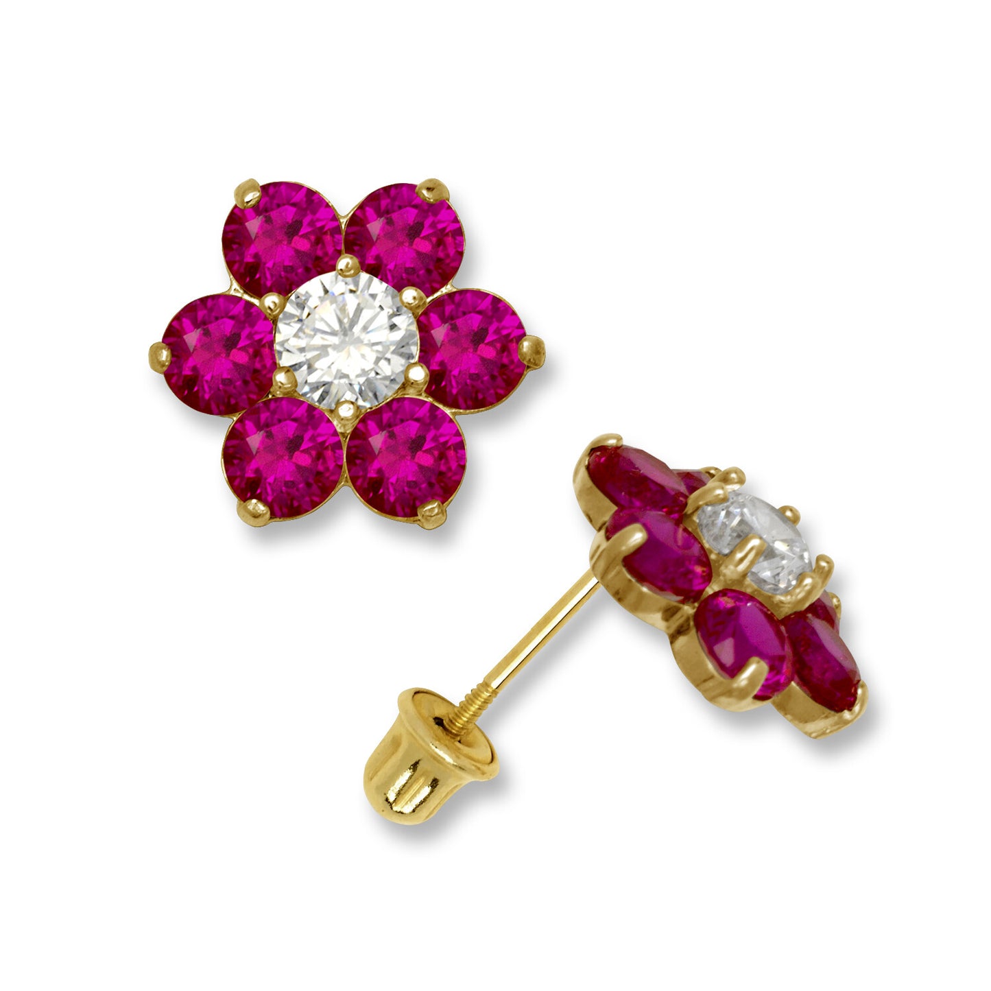 14k Yellow Gold CZ Flower Birthstone Stud Screw Back Earrings
