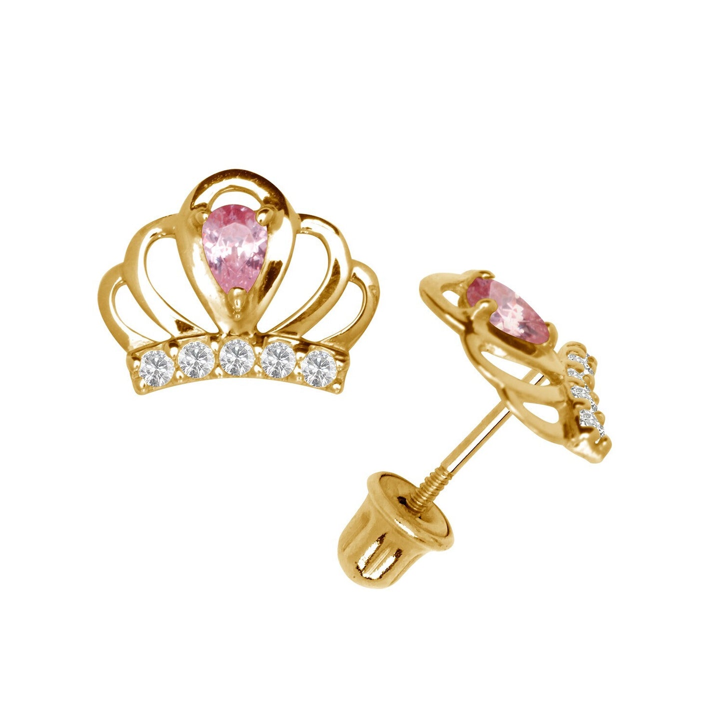 14k Yellow & White Gold CZ Crown Baby Screw Back Stud Earring for Girls