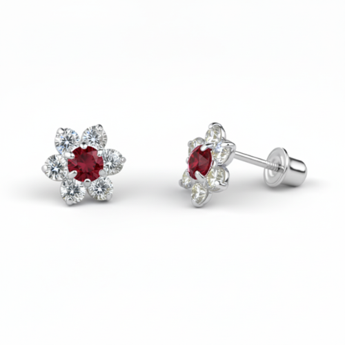 14K White Gold Beautiful Flower CZ Stud Earrings for Women