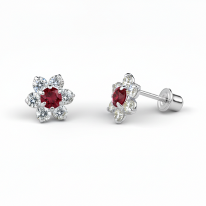 14K White Gold Beautiful Flower CZ Stud Earrings for Women