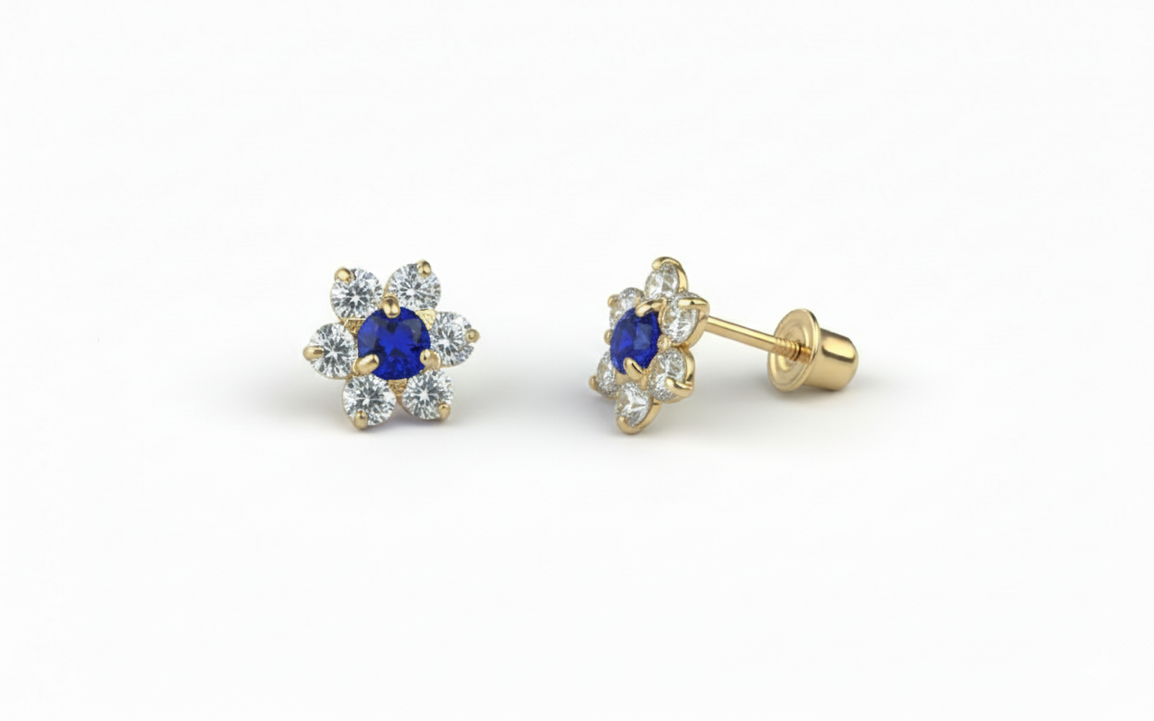 14K Yellow Gold Beautiful Flower CZ Stud Earrings for Women