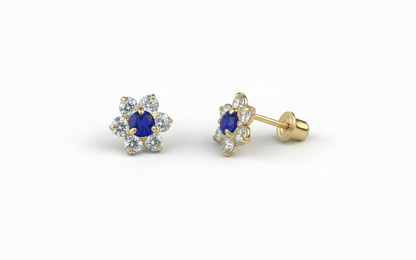 14K Yellow Gold Beautiful Flower CZ Stud Earrings for Women