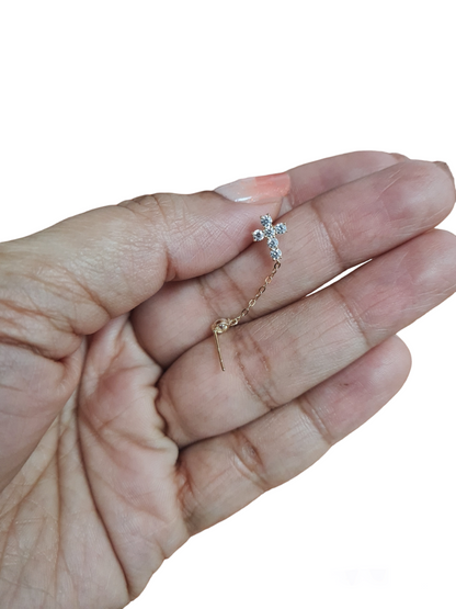 14k Yellow Gold Cross CZ Stud Earrings with chain Push back