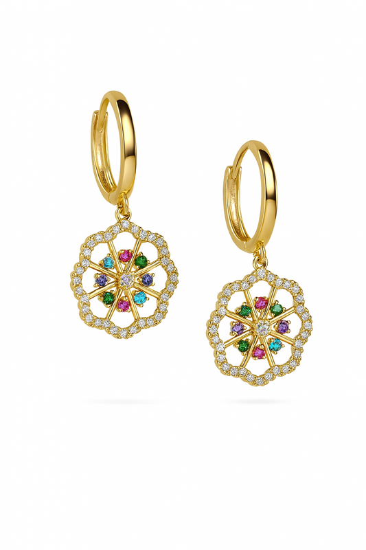 14k Yellow White Gold Dangle CZ Flower Huggie Earrings