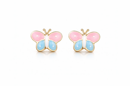 14k Yellow Gold Enamel Butterfly Baby earrings, Screw Back