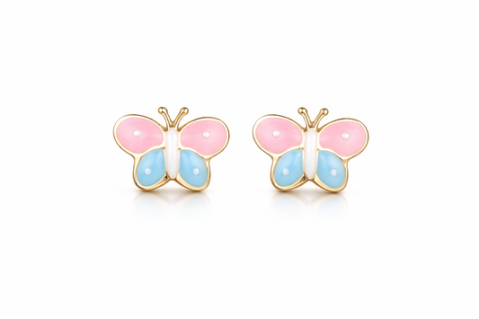 14k Yellow Gold Enamel Butterfly Baby earrings, Screw Back