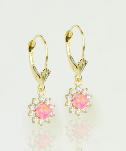 14k-Yellow-Gold-Opal Flower-CZ-Dangle-Earrings
