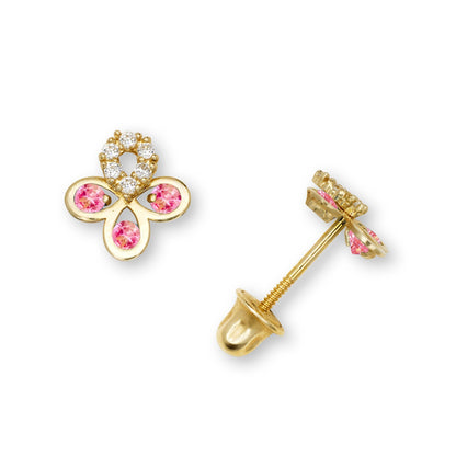 14K Yellow & White Gold CZ Flower Pretty Earrings for Girls