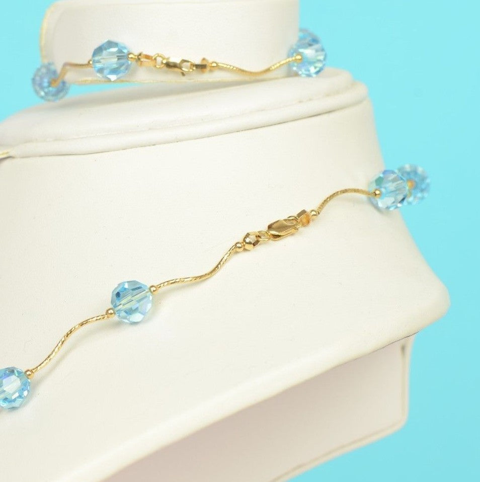 14kYellow Gold swarovski crystals Beads 3pcsWomen Set:Necklace,Bracelet,Earrings