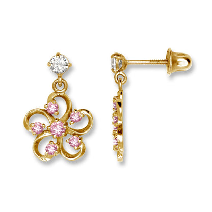 14K Yellow & White Gold Flower Screw Back Dangle Earrings for Women