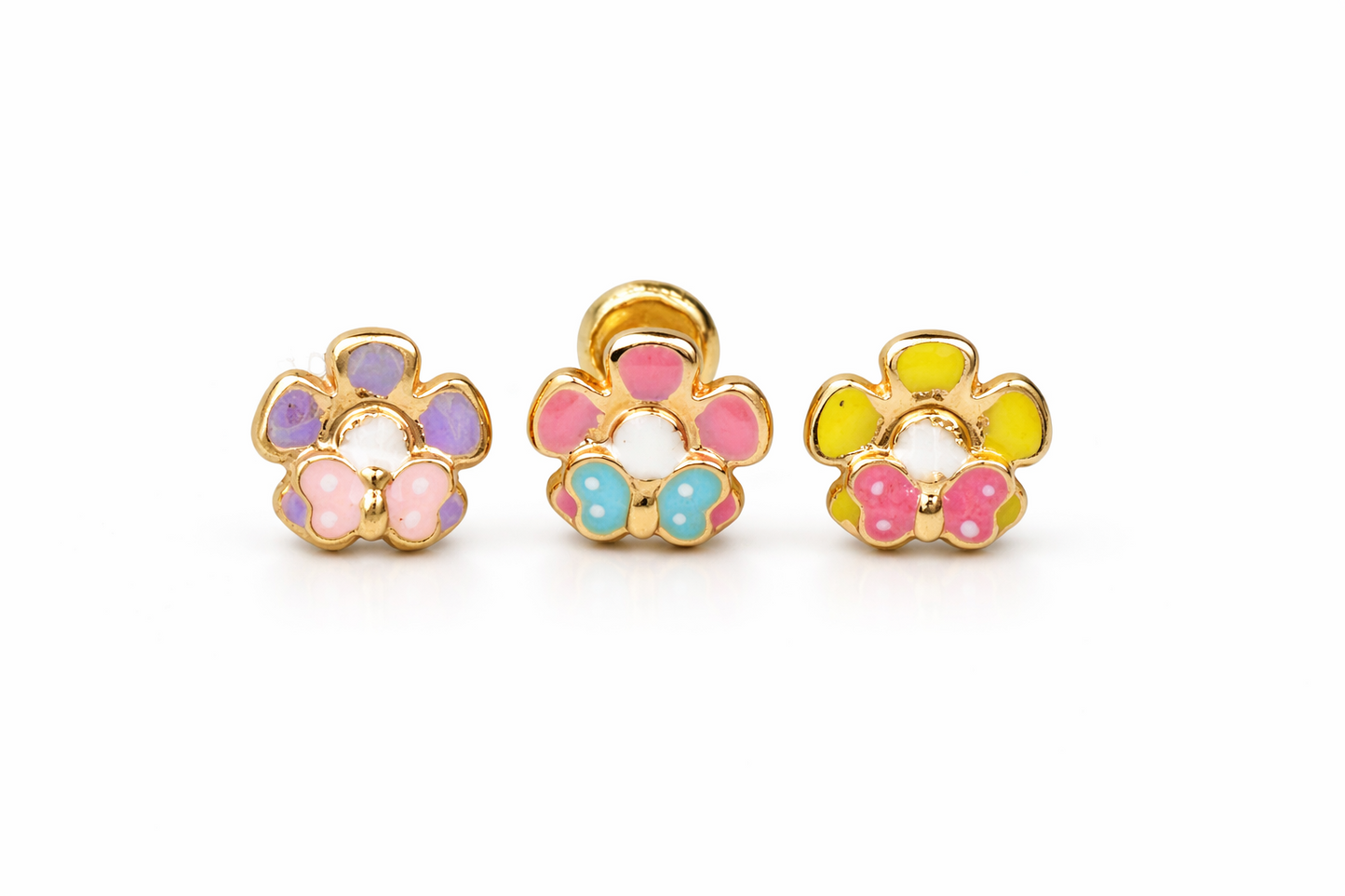 14k Yellow Gold Baby Enamel Flower earrings with butterfly, Screw Back