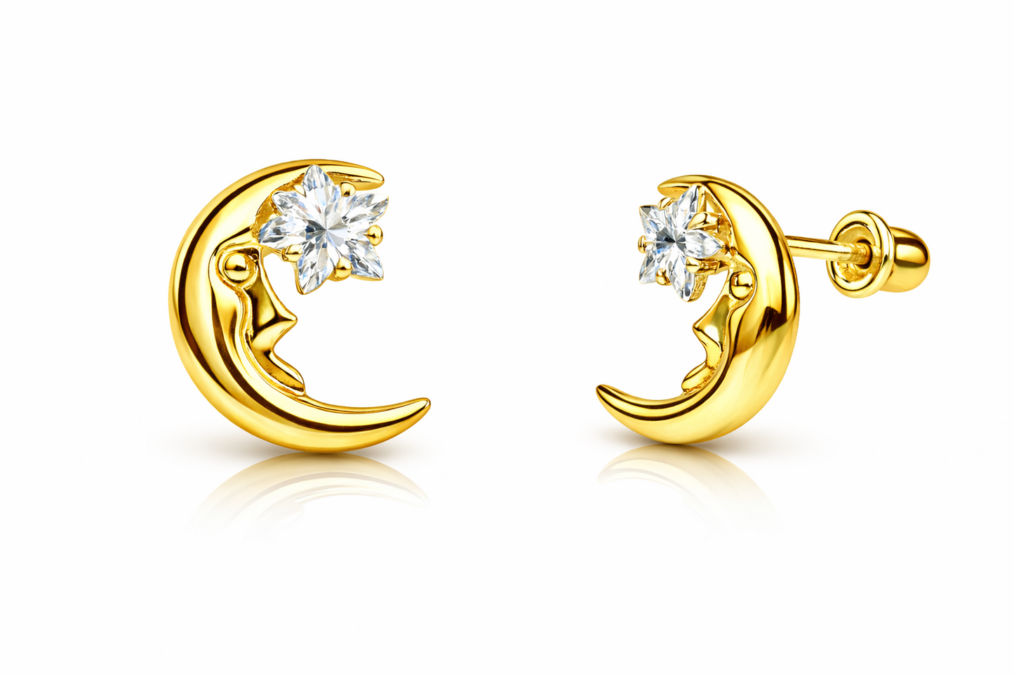 14k Yellow Gold Moon and Star Stud Earrings