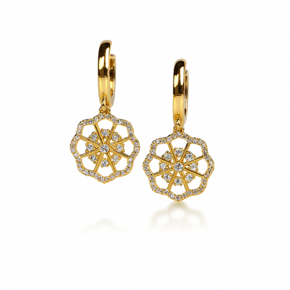 14k Yellow / White Gold Dangle CZ Flower Huggie Earrings