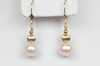 14K Yellow Gold Natural White genuine Pearl Necklace, Bracelet,  Earrings Set