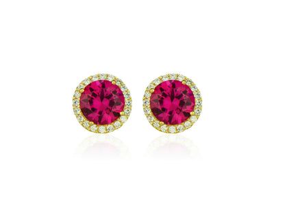 14K Yellow Gold Round Halo CZ Stud Push Back Earrings